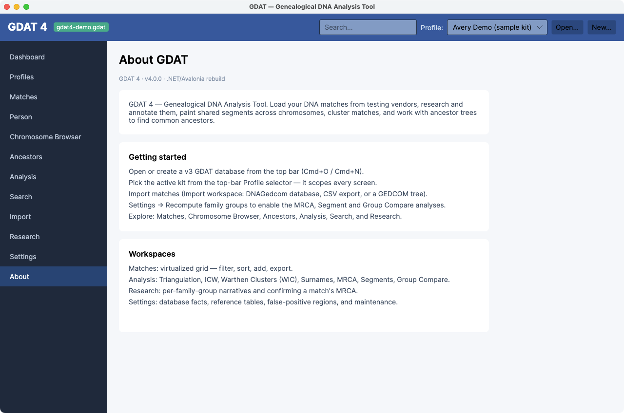 The About workspace — version, description, and the getting-started steps.
