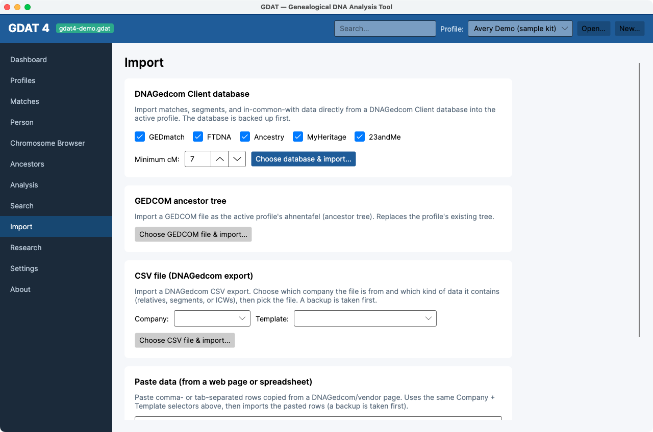 The Import workspace — the four import paths (Client database, GEDCOM, CSV, paste).