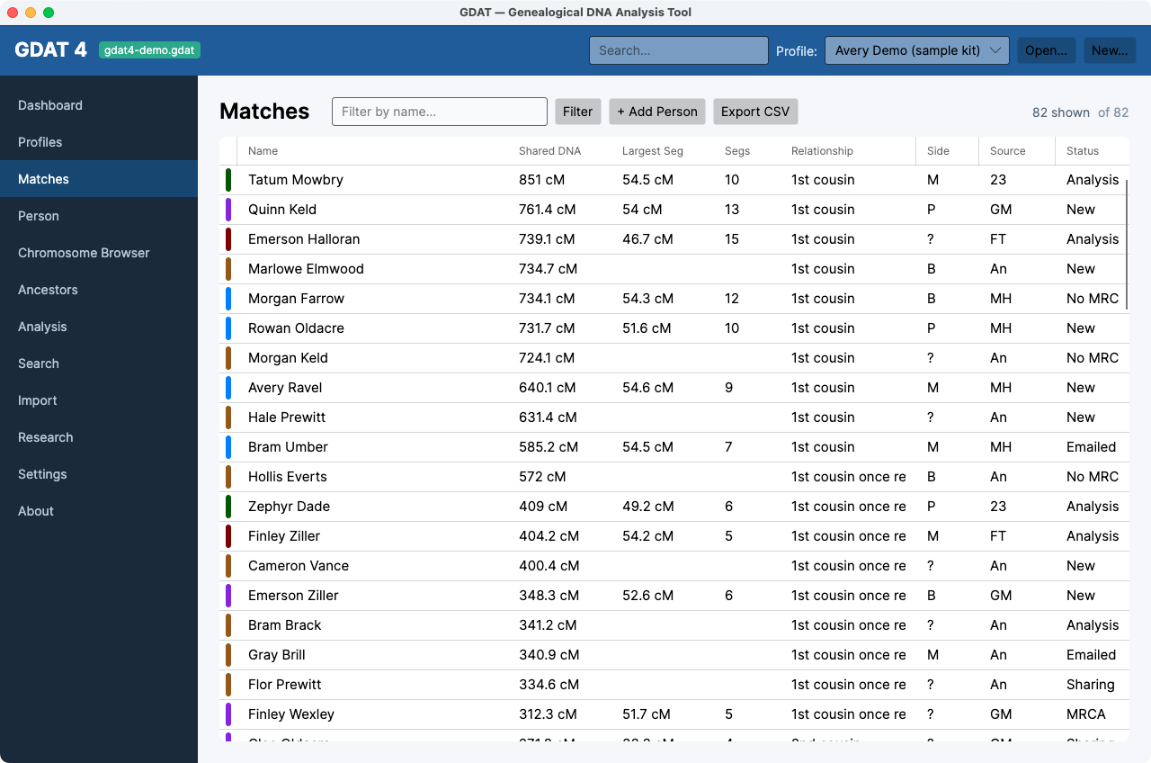 The Matches grid — source-colored chips, sortable columns, and shown/total counts.