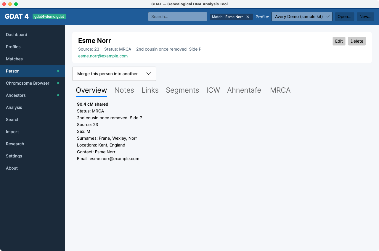 The Person workspace — header, the top-bar Match chip, and the seven tabs.