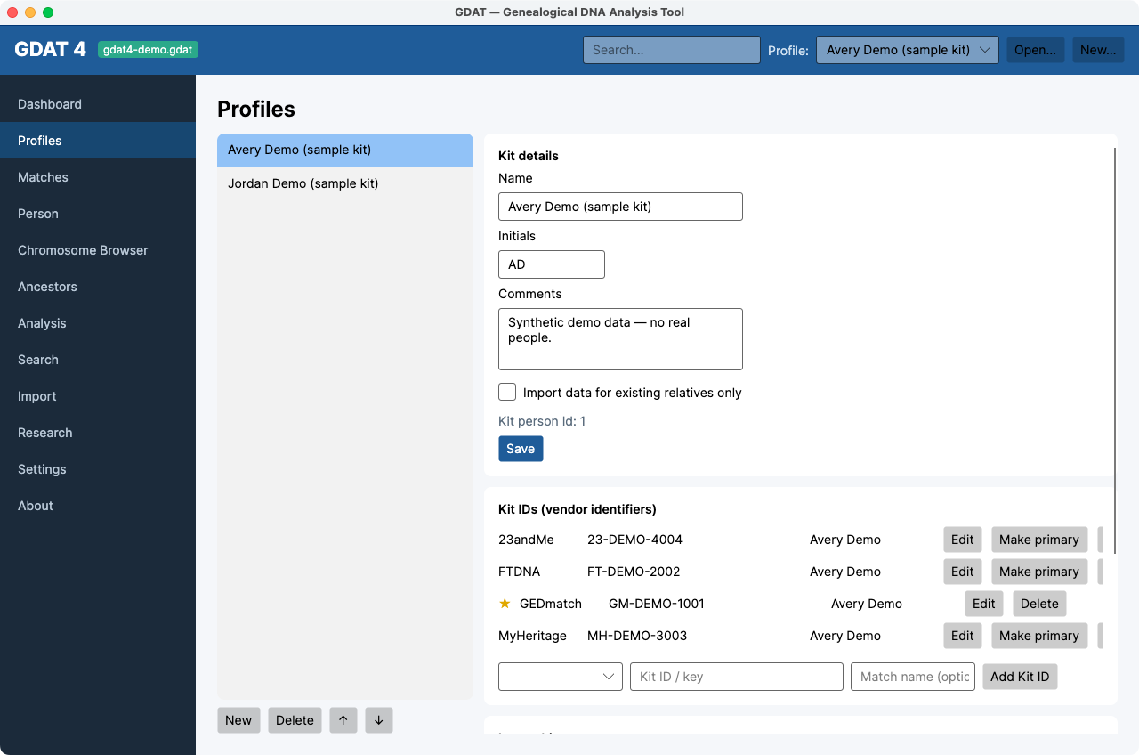 The Profiles workspace — kit list, Kit details, Kit IDs, and Import history.