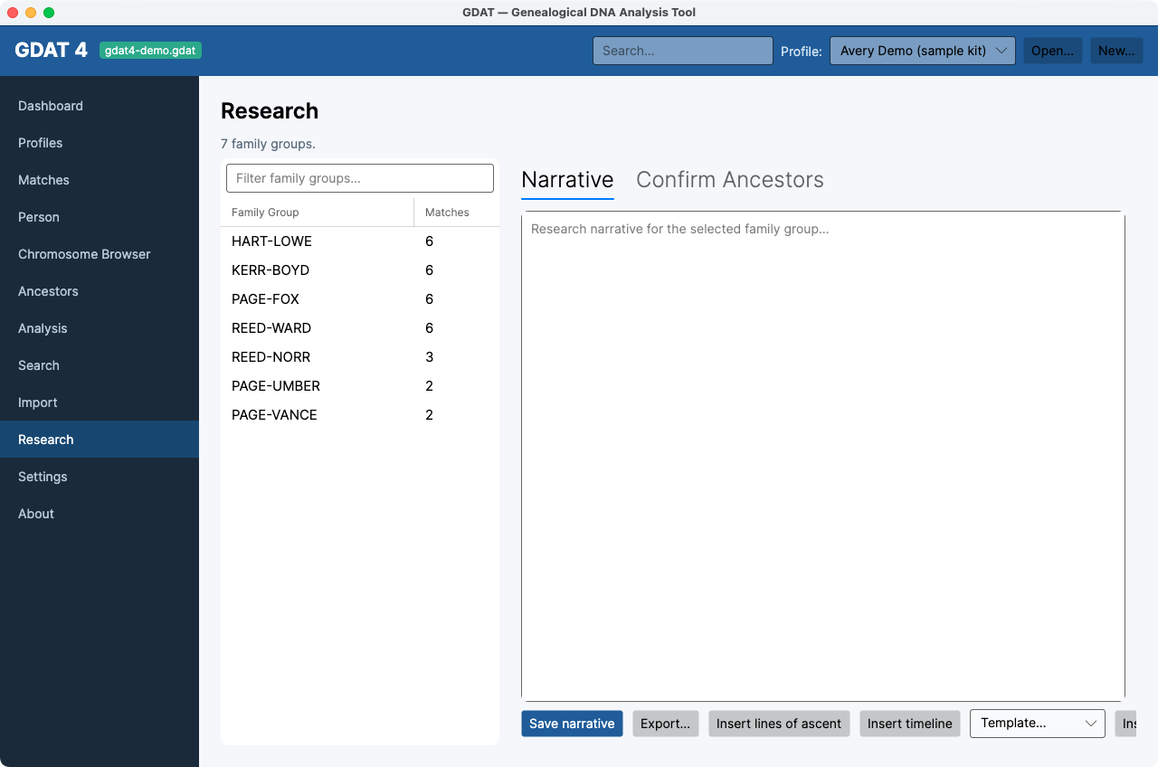 The Research workspace — family-group list, Narrative editor, and Confirm Ancestors tab.