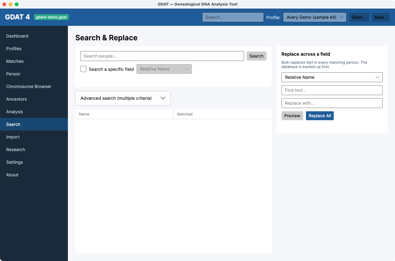 The Search & Replace workspace — quick search, field scope, advanced search, and replace.