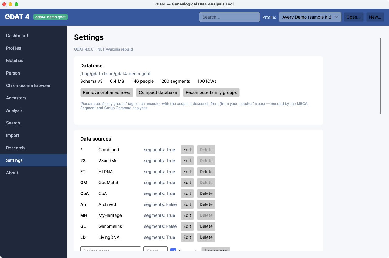 The Settings workspace — Database facts/maintenance and the editable Data sources table.