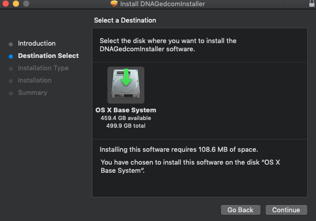 DNAGedcom installer destination selection screen