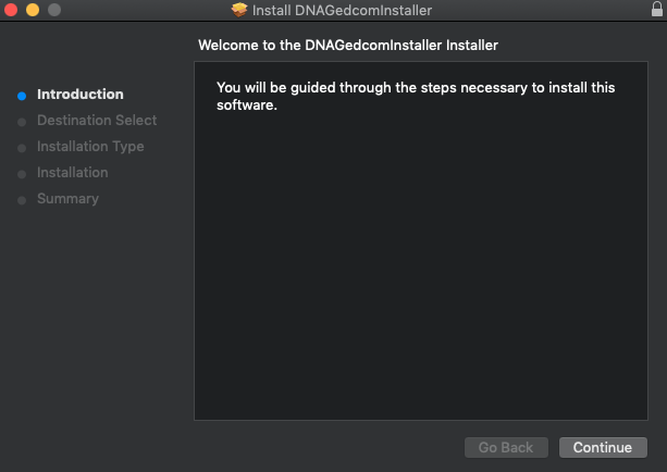 DNAGedcom installer welcome screen on macOS