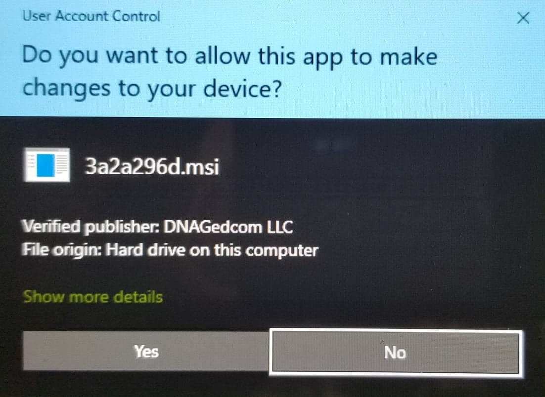 Windows User Account Control prompt for the DNAGedcom installer
